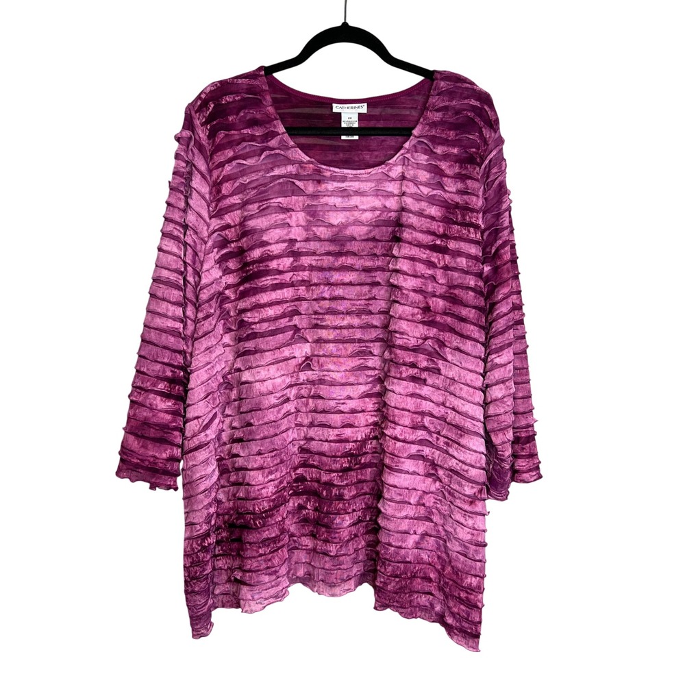 Catherines 3/4 Sleeve Top Plus Size 2X Magenta Purple Tieβ Dye Tiered Ruffle